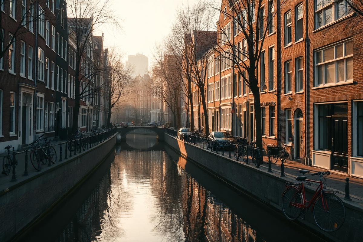 Canal d'Amsterdam avec maisons à pignons et vélos au petit matin