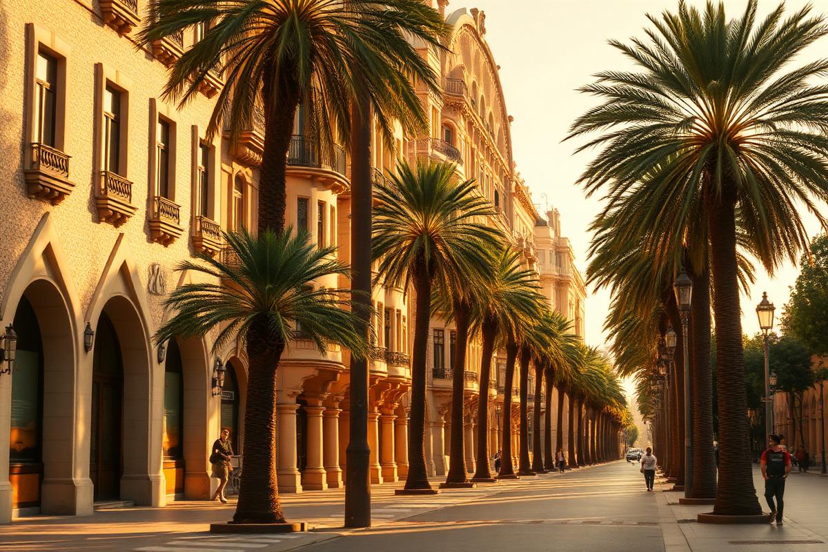 Avenue de Barcelone bordée de palmiers et de façades modernistes