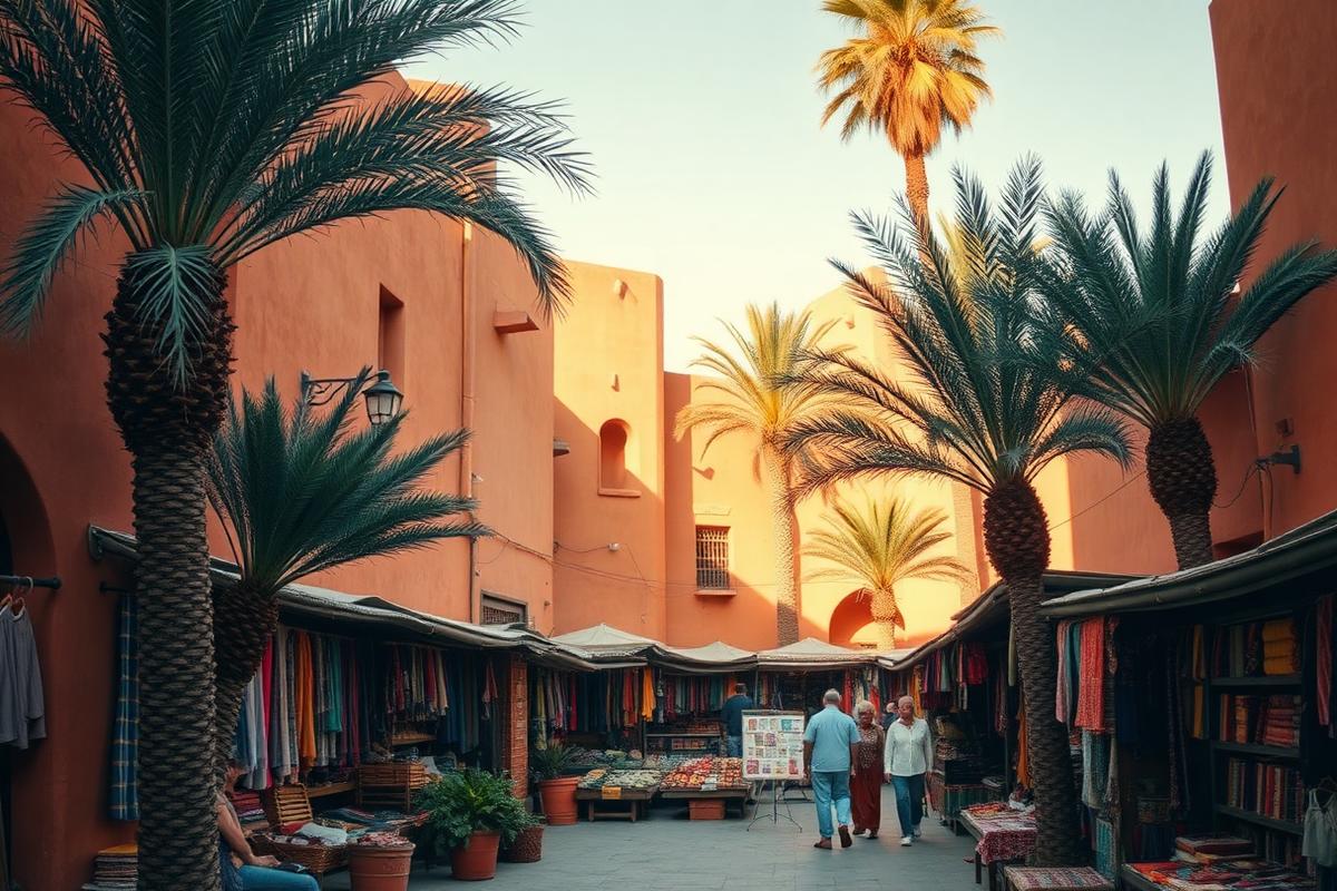 Souk de Marrakech aux murs ocre et étals de textiles colorés