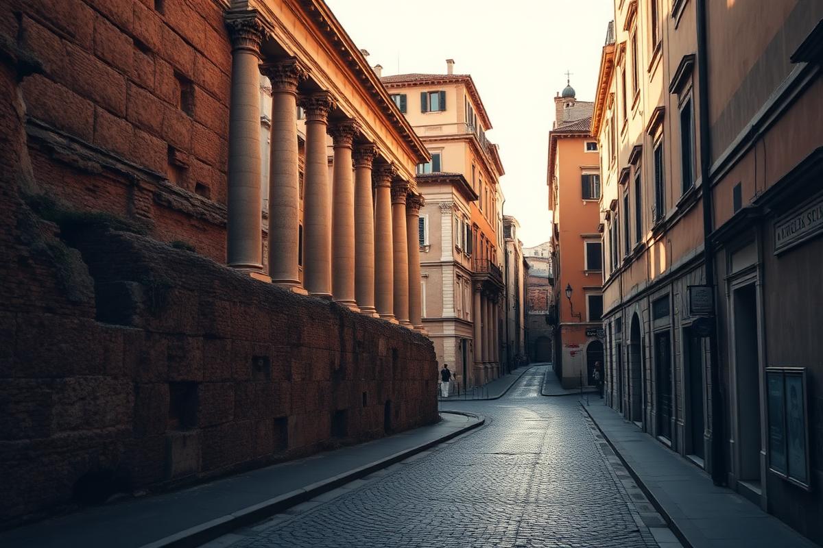 Rue pavée de Rome bordée de colonnes antiques à la lumière du soir