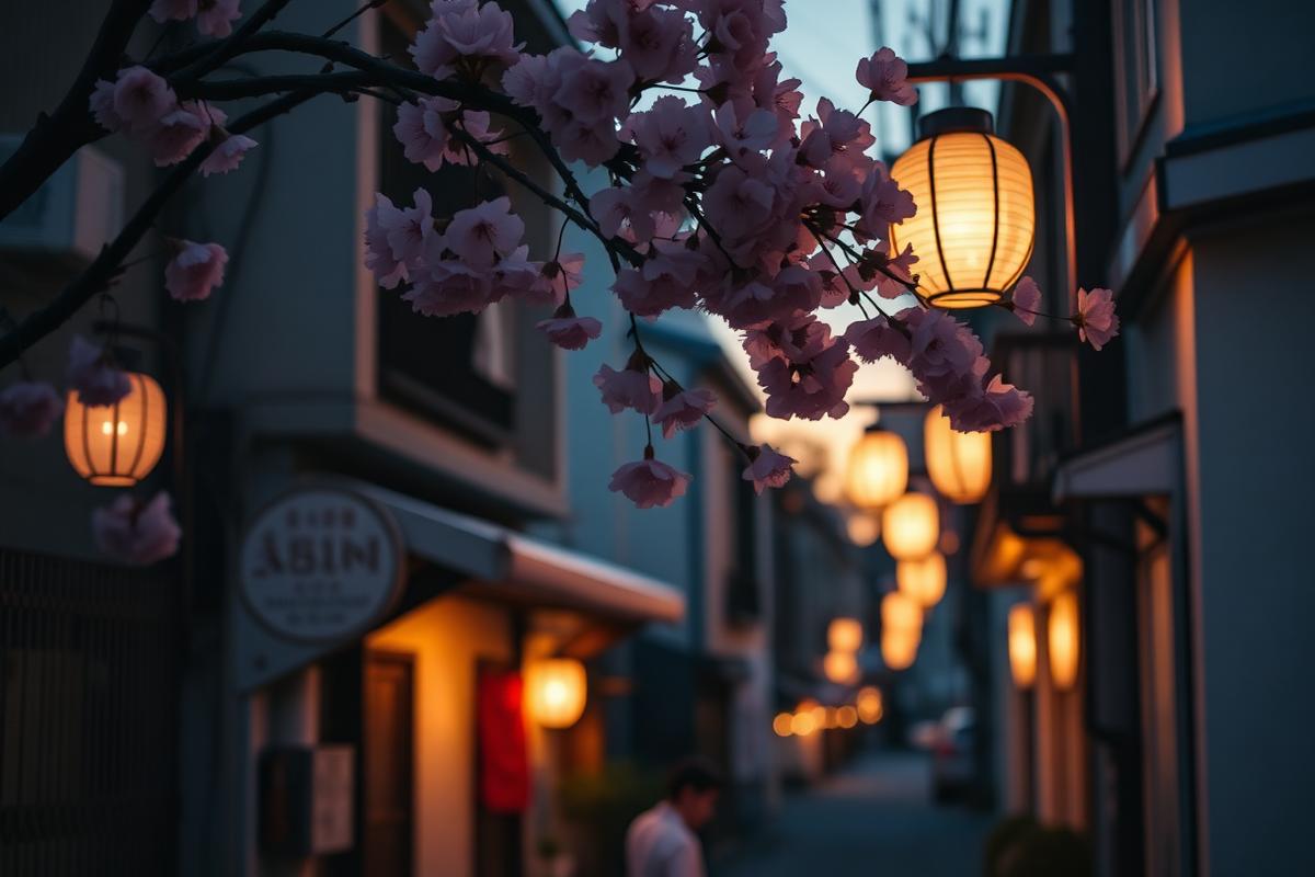 Ruelle de Tokyo éclairée par des lanternes avec branches de cerisier